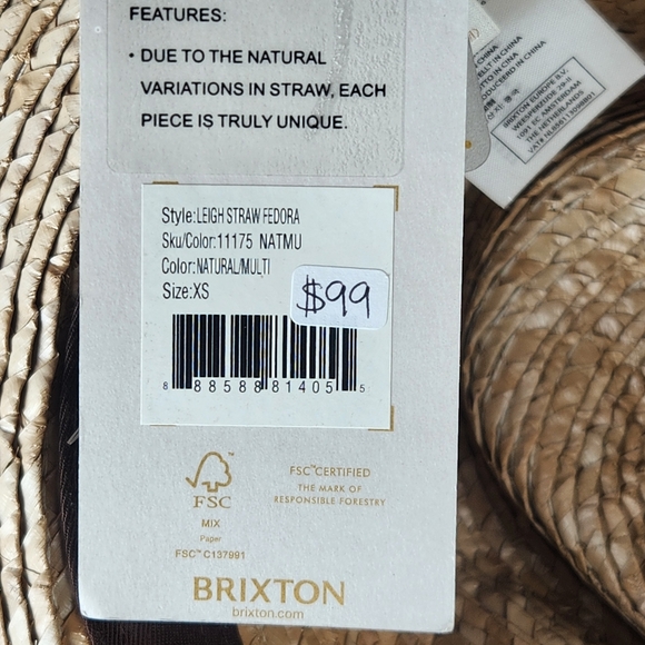 BRIXTON Leigh Straw Fedora Hat Extra Small 6 3/4 Adjustable Timeless UV 50 - Picture 9 of 11